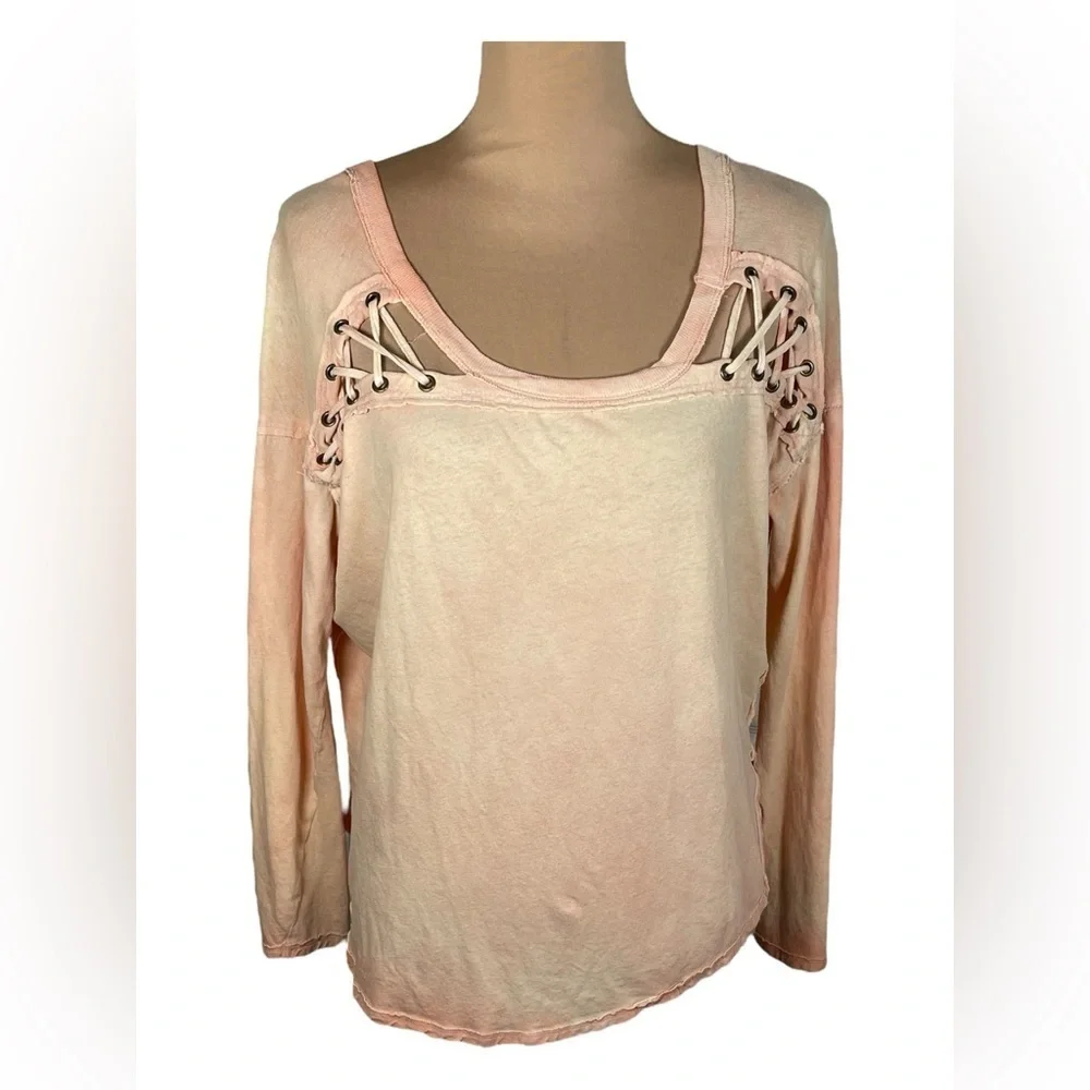 Free People We The Free First Love Lace-up Peach Linen Blend Tee Medium